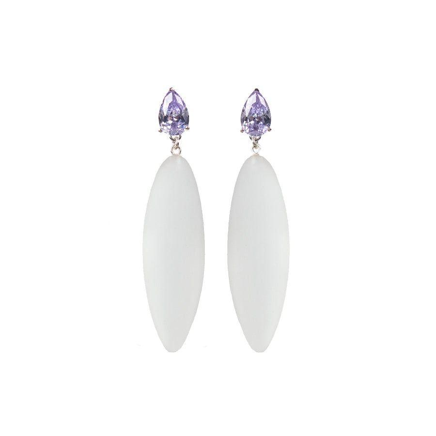 transparent rubber, large earrings , drop shaped purple stone, white background.