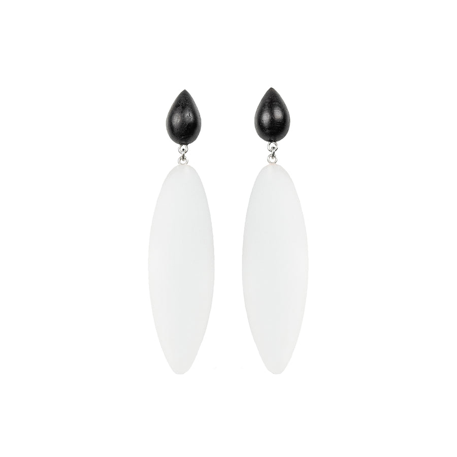 transparent rubber, large earrings , drop shaped rosewood, white background.