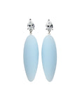 light blue rubber, large earrings , tear shaped white stone, white background.