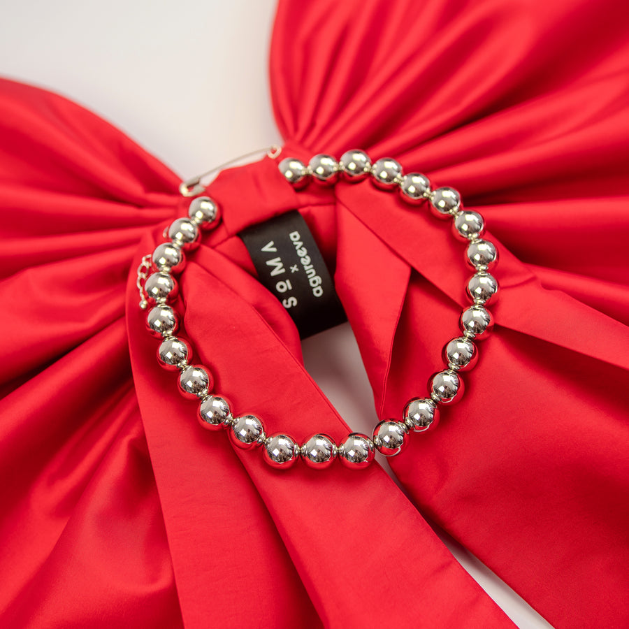 soma x agureeva, red bow, stiff taffeta, statement piece, necklace,  detachable ball chains, silver chain
