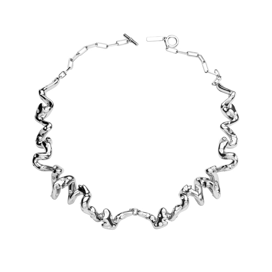 Choker silver, sterling silver, rhodium plated, cubic zirconias, irregular shape, 
