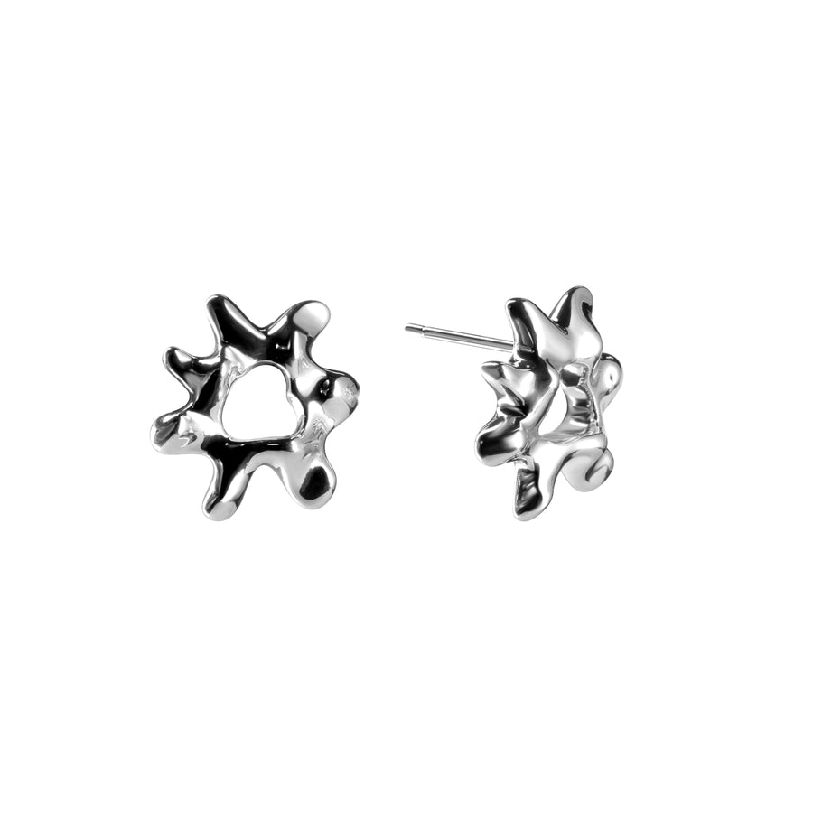 Poison drop silver stud earrings, sterling silver, rhodium plated, irregular shape, 
