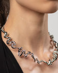 Choker silver, sterling silver, rhodium plated, cubic zirconias, irregular shape,  close-up