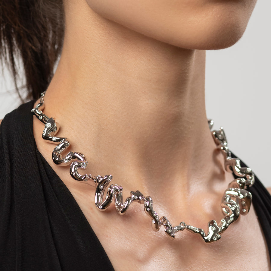 Choker silver, sterling silver, rhodium plated, cubic zirconias, irregular shape,  close-up