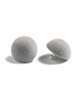 Plüsch concrete medium stud earrings, detail, grey velvet, medium size, earring, white background.
