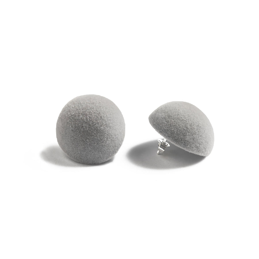 Plüsch concrete medium stud earrings, detail, grey velvet, medium size, earring, white background.
