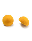 Plüsch egg yellow medium stud earrings, detail,  yellow velvet, medium size, earring, white background.
