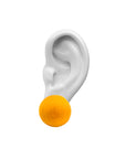 Plüsch egg yellow medium stud earrings, yellow velvet, medium size, earring, white background.
