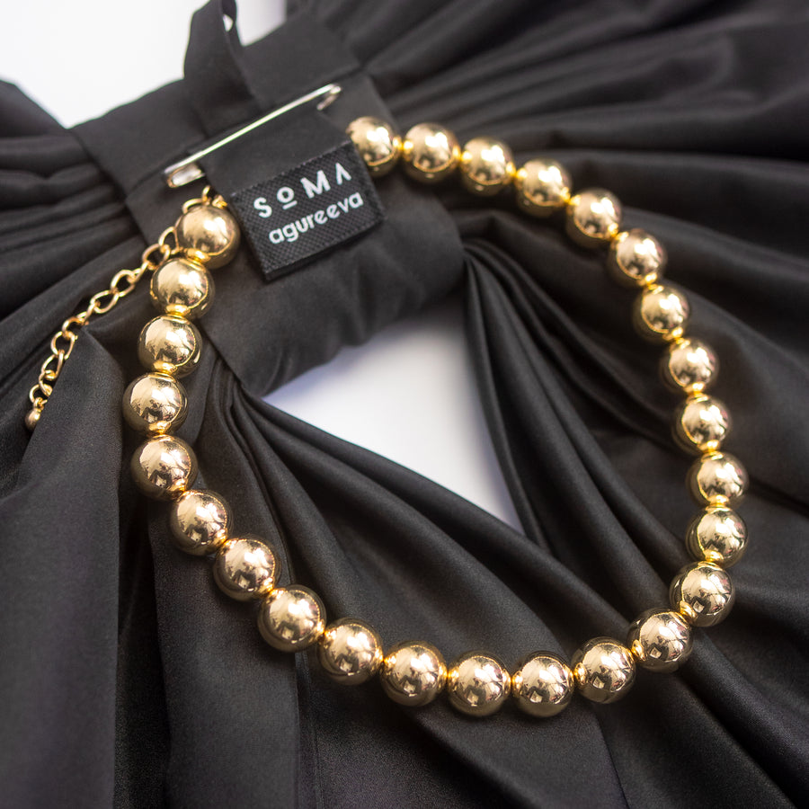 soma x agureeva, black bow, stiff taffeta, statement piece, necklace,  detachable ball chains, golden chain