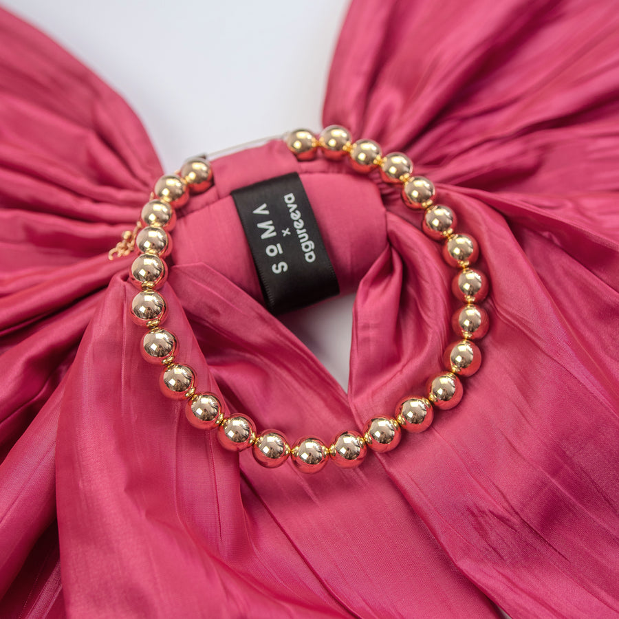 soma x agureeva, pink bow, stiff taffeta, statement piece, necklace,  detachable ball chains, golden chain