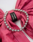 soma x agureeva, pink bow, stiff taffeta, statement piece, necklace,  detachable ball chains, silver chain