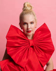 soma x agureeva, red bow, stiff taffeta, statement piece, necklace,  detachable ball chains, close-up