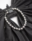 soma x agureeva, black bow, stiff taffeta, statement piece, necklace,  detachable ball chains, silver chain