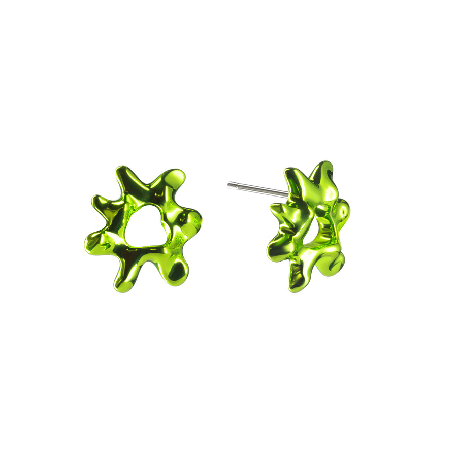 Poison stud earrings, sterling silver, electro plated, irregular shape, green
