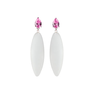 transparent rubber, large stud earrings, tear shaped pink stone, white background.