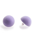 Plüsch lilac medium stud earrings, detail, lilac velvet, medium size, earring, white background.
