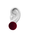 Plüsch sour cherry medium stud earrings,  cherry velvet, medium size, earring, white background.