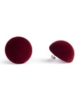 Plüsch sour cherry medium stud earrings, detail, cherry velvet, medium size, earring, white background.
