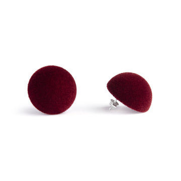 Plüsch sour cherry medium stud earrings, detail, cherry velvet, medium size, earring, white background.
