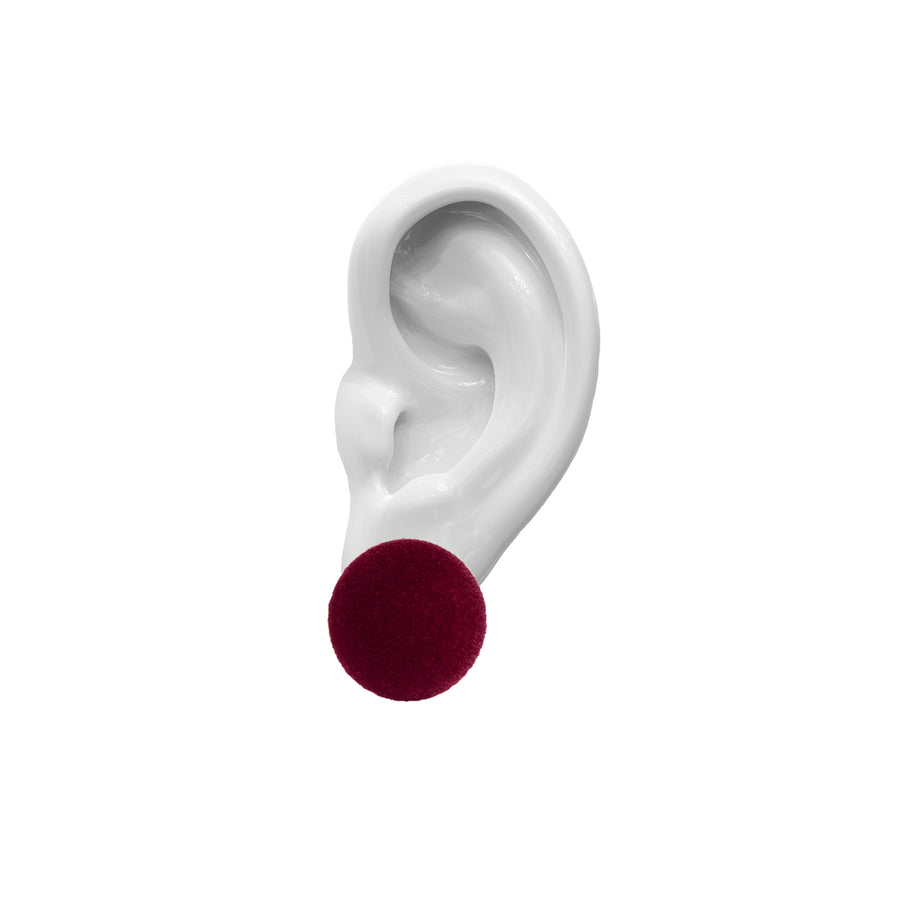 Plüsch sour cherry small stud earrings,  cherry velvet, small size, earring, white background.