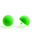 Plüsch toxic green medium stud earrings, detail,  green velvet, medium size, earring, white background.