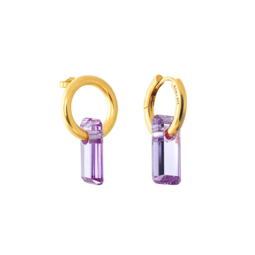 asymmetrical pair of earrings, hoops and stud, gold, big lavender stone, white background.