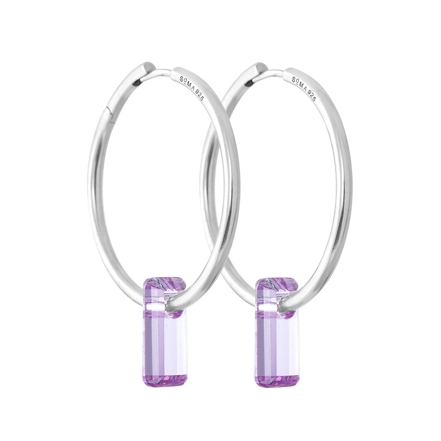 silver earrings, large hoops, lavender stone trough hoops, white background.