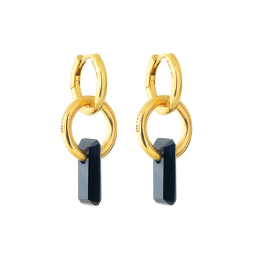 gold earrings, double hoop, hoop trough hoop, large black stone trough hoop, white background.
