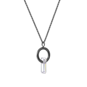 pendant, silver chain, black silver ring, rodium covered, large white stone, stone trough hoop, white background.