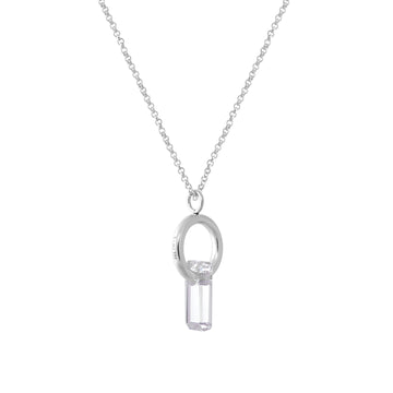 pendant, silver chain, silver ring, rodium covered, stone trough hoop, white background.