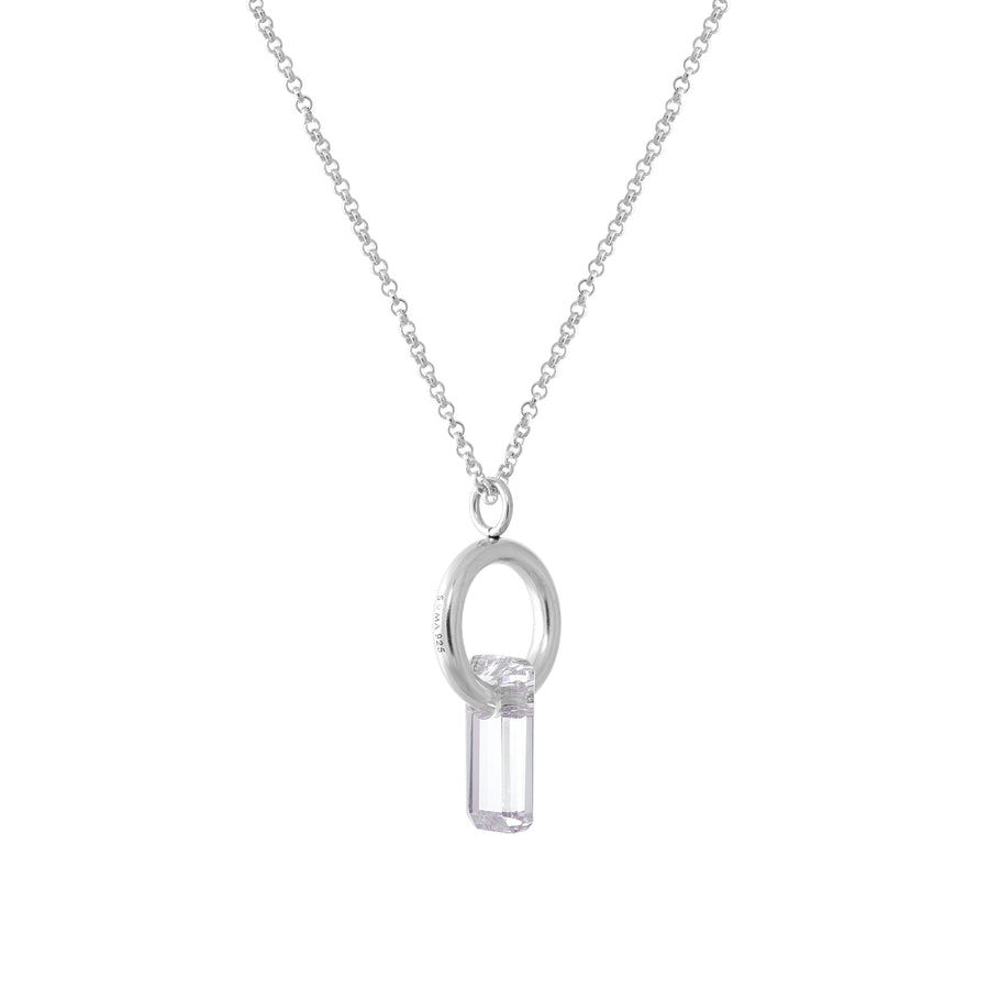 pendant, silver chain, silver ring, rodium covered, stone trough hoop, white background.
