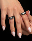 ring, through stone, silver, big black eco stone, white background, close-up