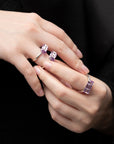 ring, through stone, silver, big purple eco stone, white background, close-up