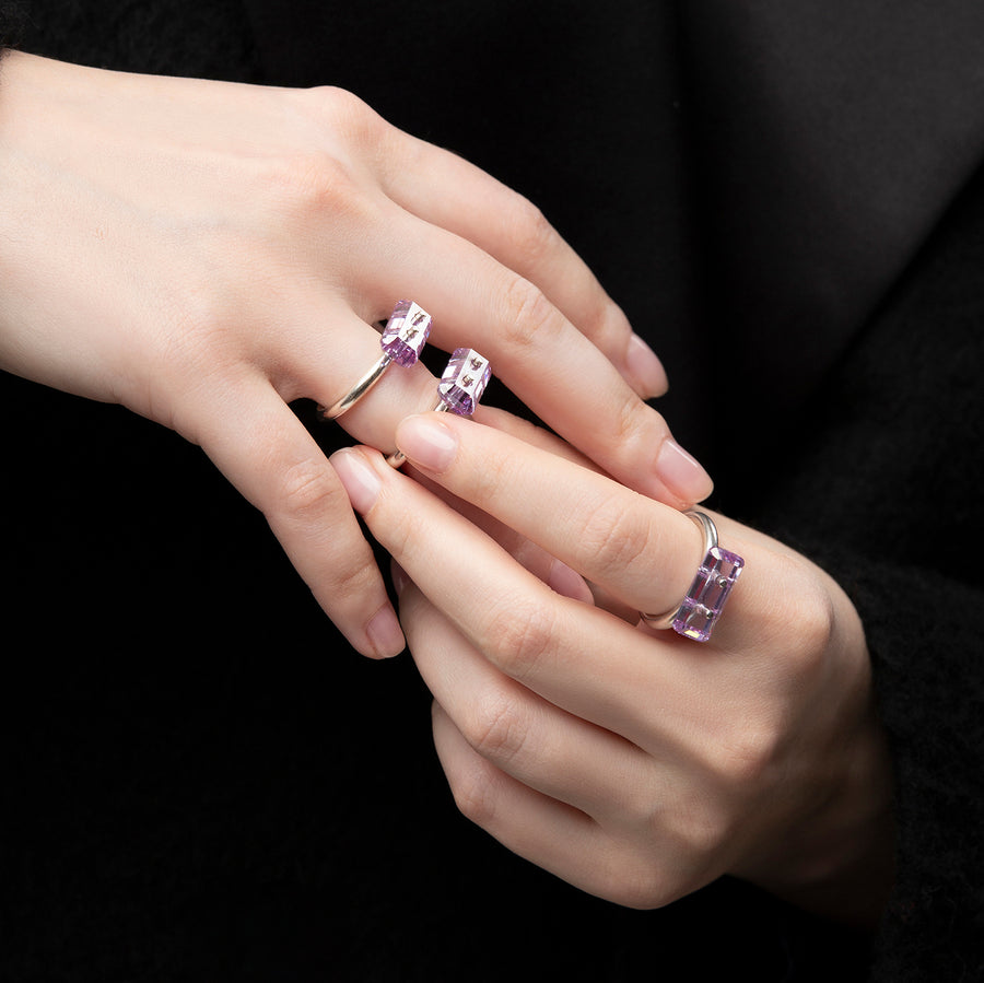 ring, through stone, silver, big purple eco stone, white background, close-up