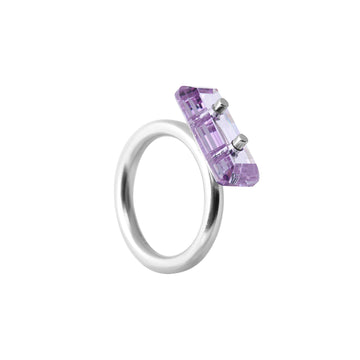 ring, trough ston, silver, big purple eco stone, white background.