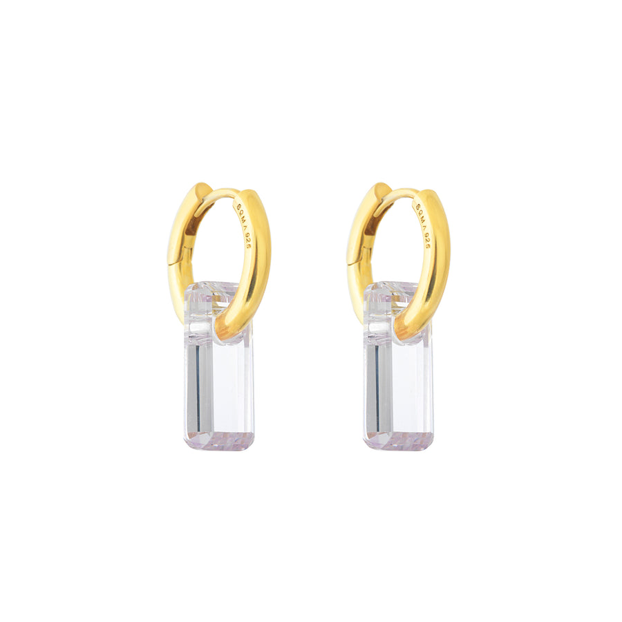 gold, hoop earrings, large white stone, hoop trough stone, white background.
