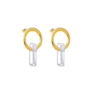 stud earrings, gold earrings, white background, large white stone, hoops through stones.