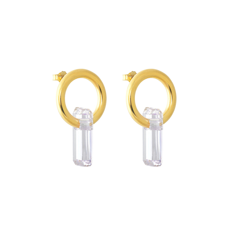 stud earrings, gold earrings, white background, large white stone, hoops through stones.