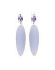 light purple rubber, large earrings , tear shaped lavender stone, white background.