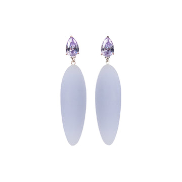 light purple rubber, large earrings , tear shaped lavender stone, white background.