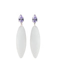 transparent rubber, large earrings , drop shaped purple stone, white background.