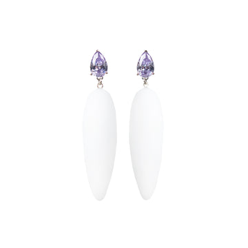 white rubber, large earrings , drop shaped lavender stone, white background.