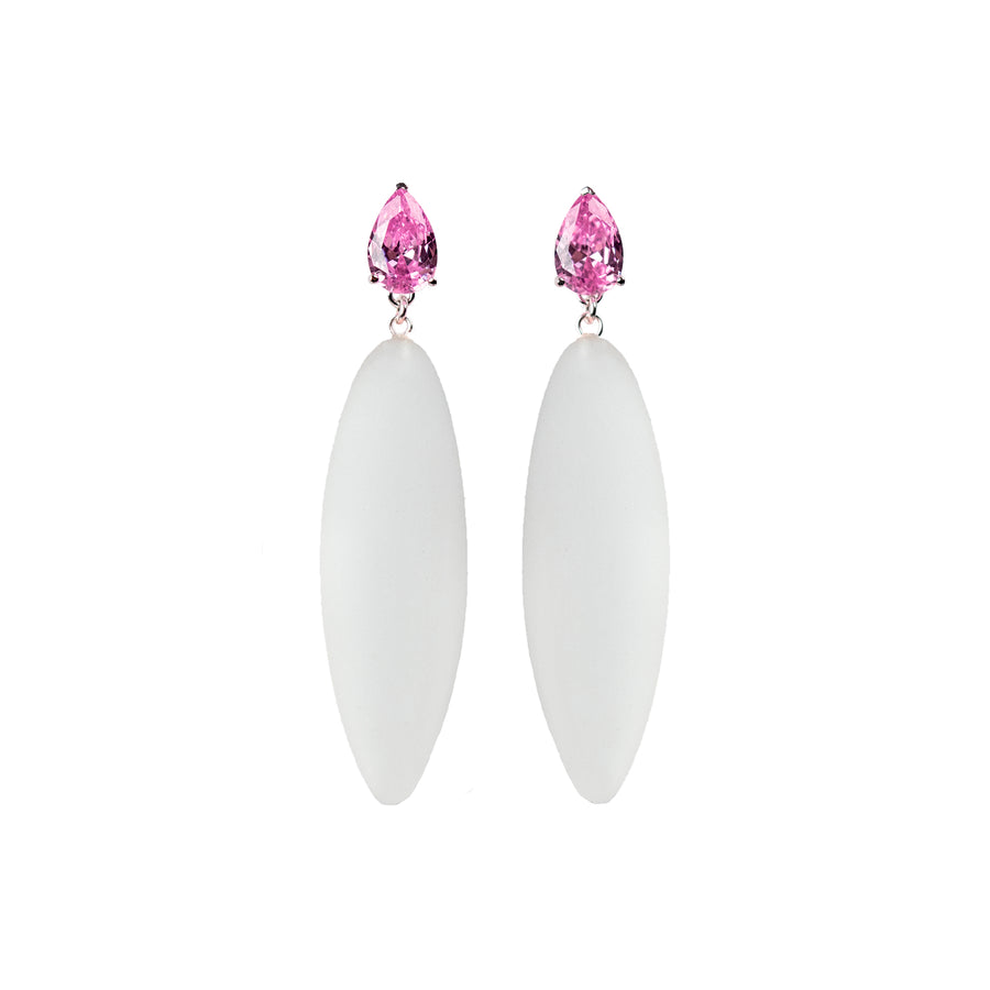 transparent rubber, large earrings , tear shaped pink stone, white background.