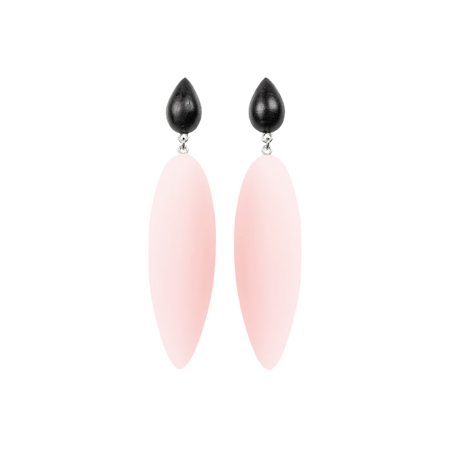 pink rubber, large earrings , pear shaped rosewood, white background.