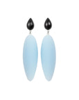 light blue rubber, large earrings , tear shaped rosewood, white background.