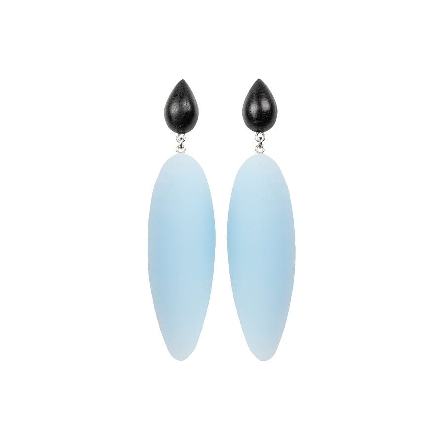 light blue rubber, large earrings , tear shaped rosewood, white background.