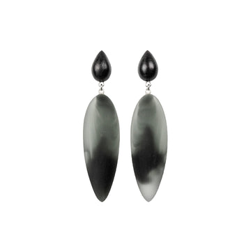 transparent black pattern, rubber, large earrings , drop shape rosewood, white background.