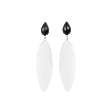 transparent rubber, large earrings , drop shaped rosewood, white background.