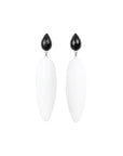 white rubber, large earrings , drop shaped rosewood, white background.