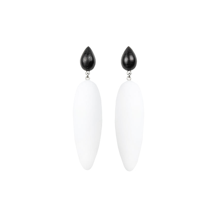 white rubber, large earrings , drop shaped rosewood, white background.